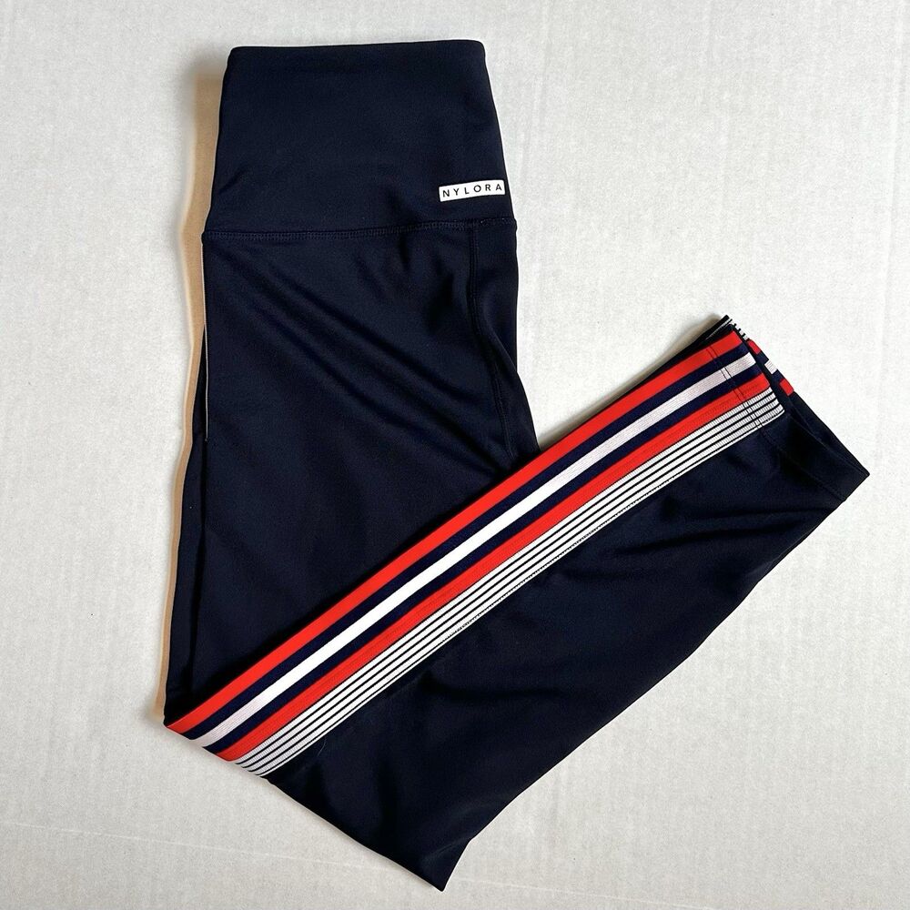Nylora Bandier Women’s Leggings Size Small Navy Blue Red White Stripes Athletic